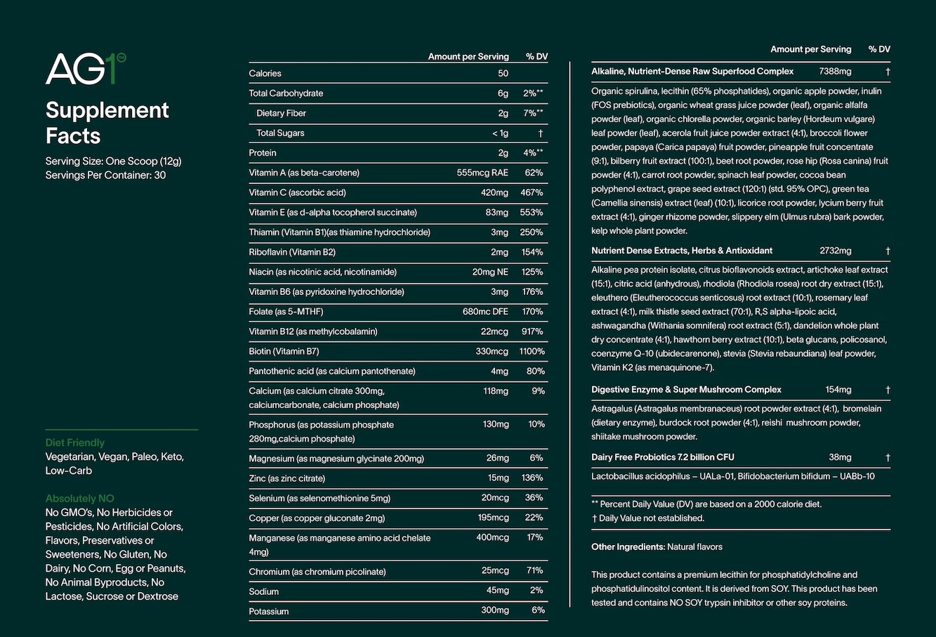 A screenshot of the AG1 nutritional label