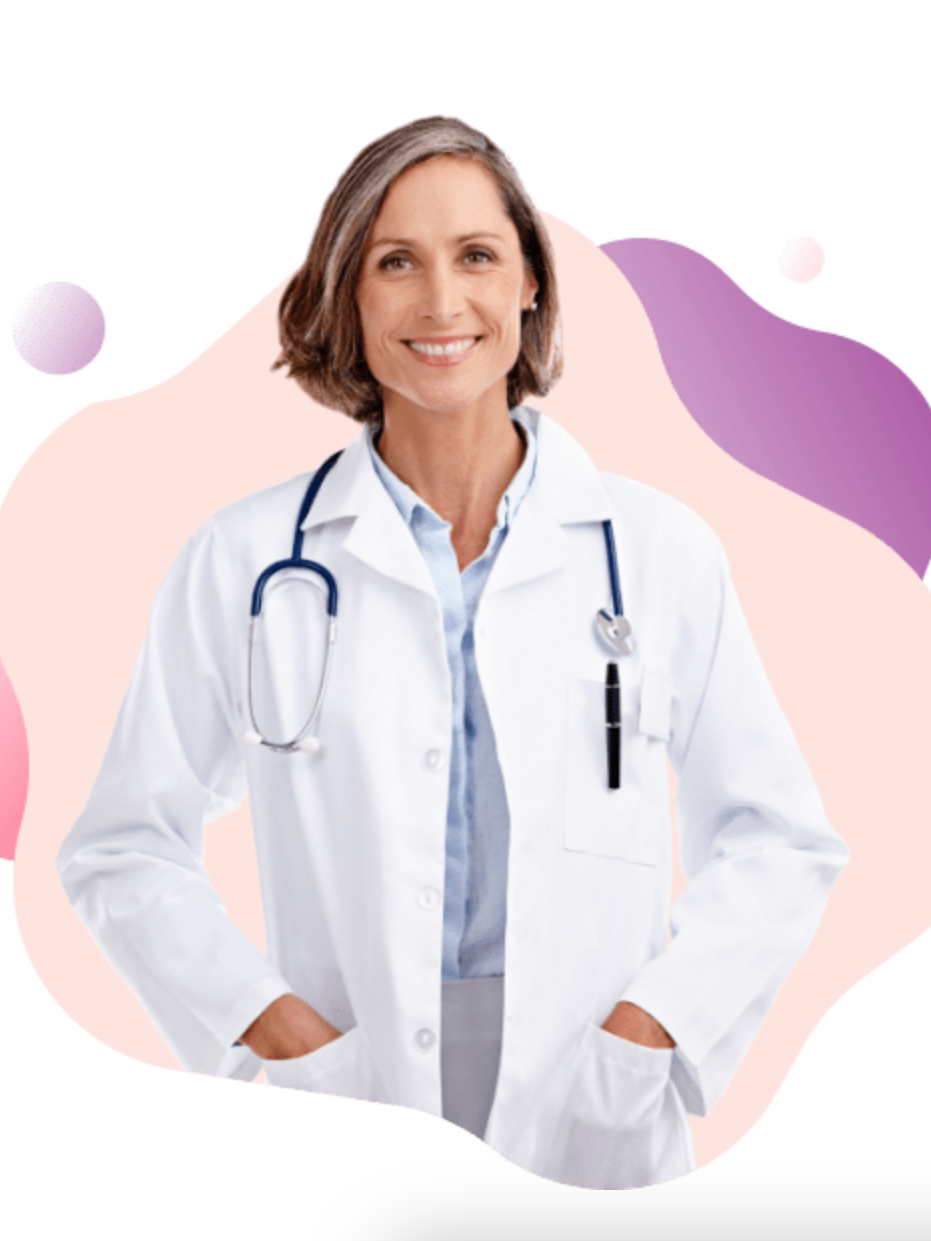 A female doctor standing in front of a pink and purple background.