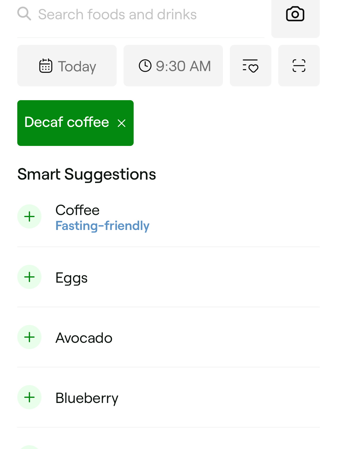 A screenshot of a food tracking app showing a morning coffee routine with options for decaf coffee, avocados, blueberries, and butter.