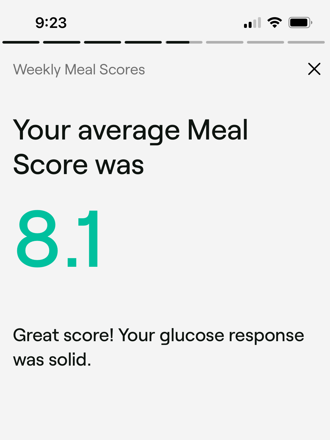 A screenshot of a mobile application displaying a weekly meal score of 8.1 with a congratulatory message "great score! your glucose response was solid.