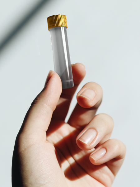 A woman's hand holding a small tube.