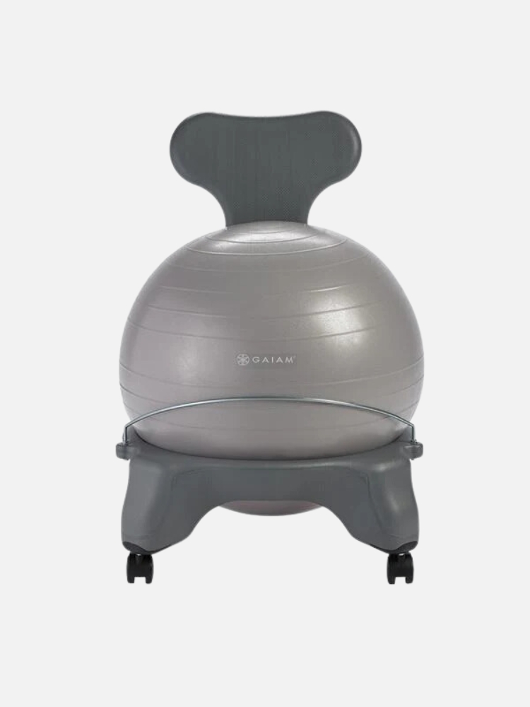 A gray Gaiam balance ball chair with a black backrest and a gray base, designed for ergonomic seating.