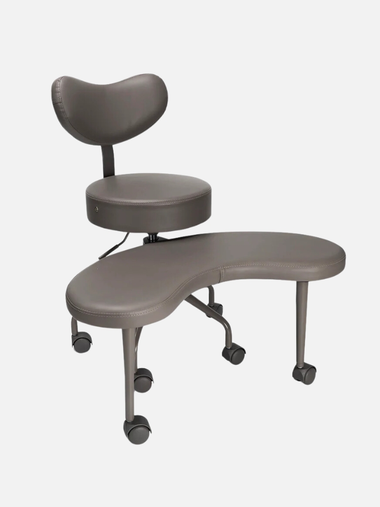 Gray ergonomic kneeling chair with saddle seat and wheeled base.
