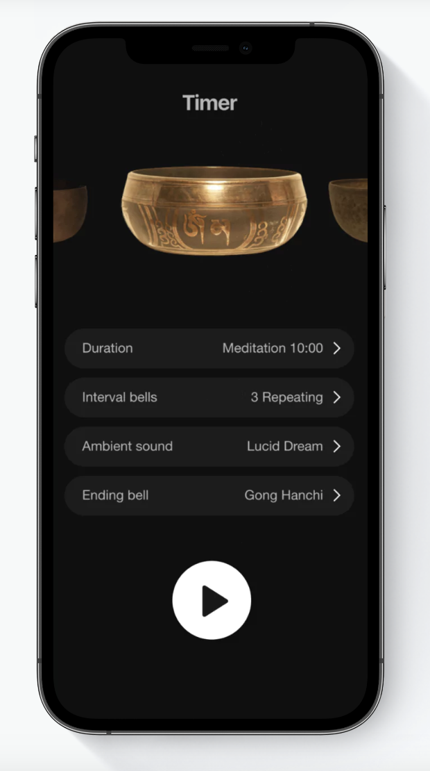 A smartphone displays a meditation timer app with options for duration, interval bells, ambient sound, and ending bell. A play button is centered at the bottom.