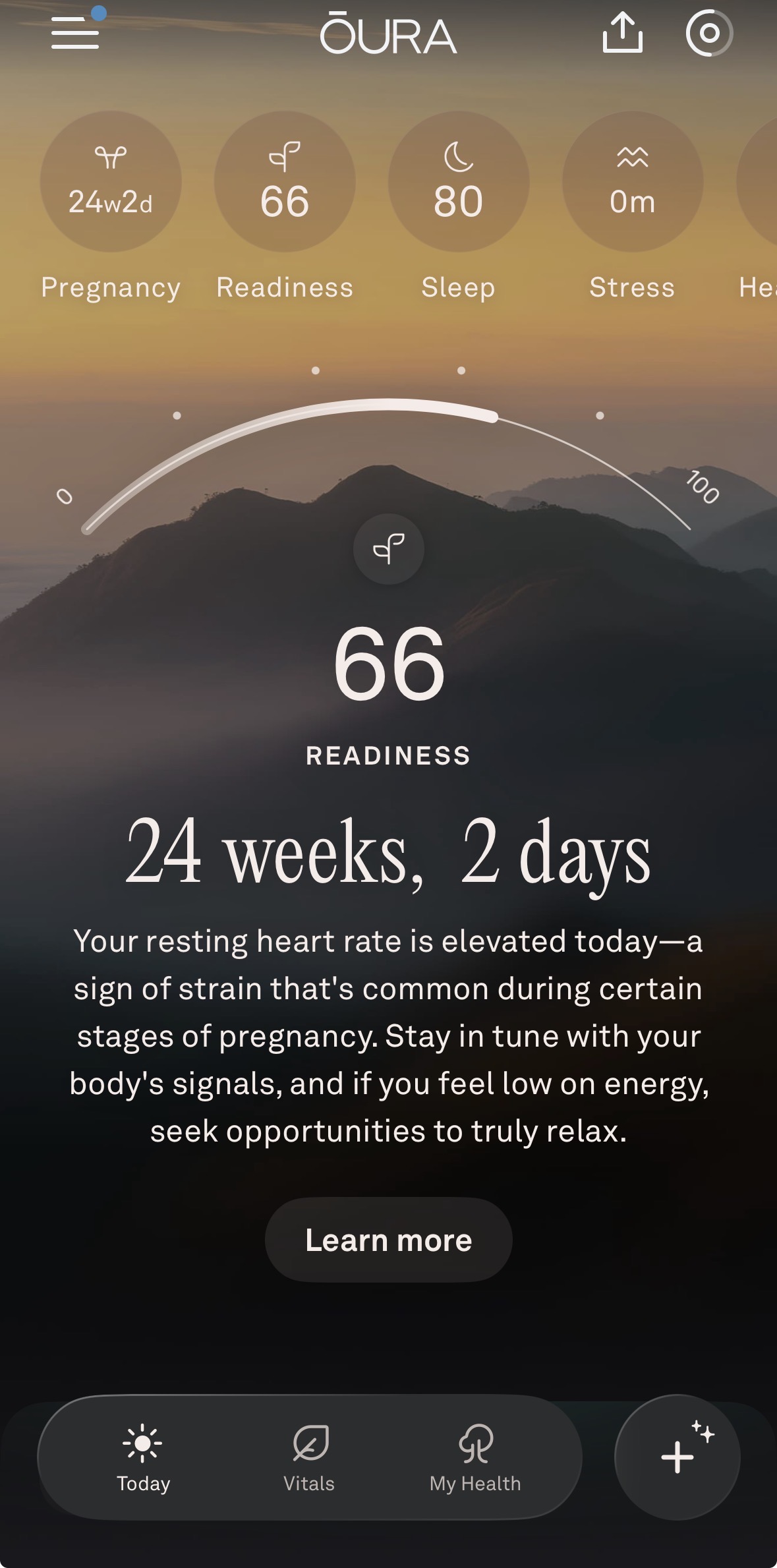 Oura app screenshot showing 24 weeks, 2 days pregnant; readiness score of 66; low activity, elevated resting heart rate, and a wellness summary for pregnancy health guidance—all tracked effortlessly with the Oura Ring.