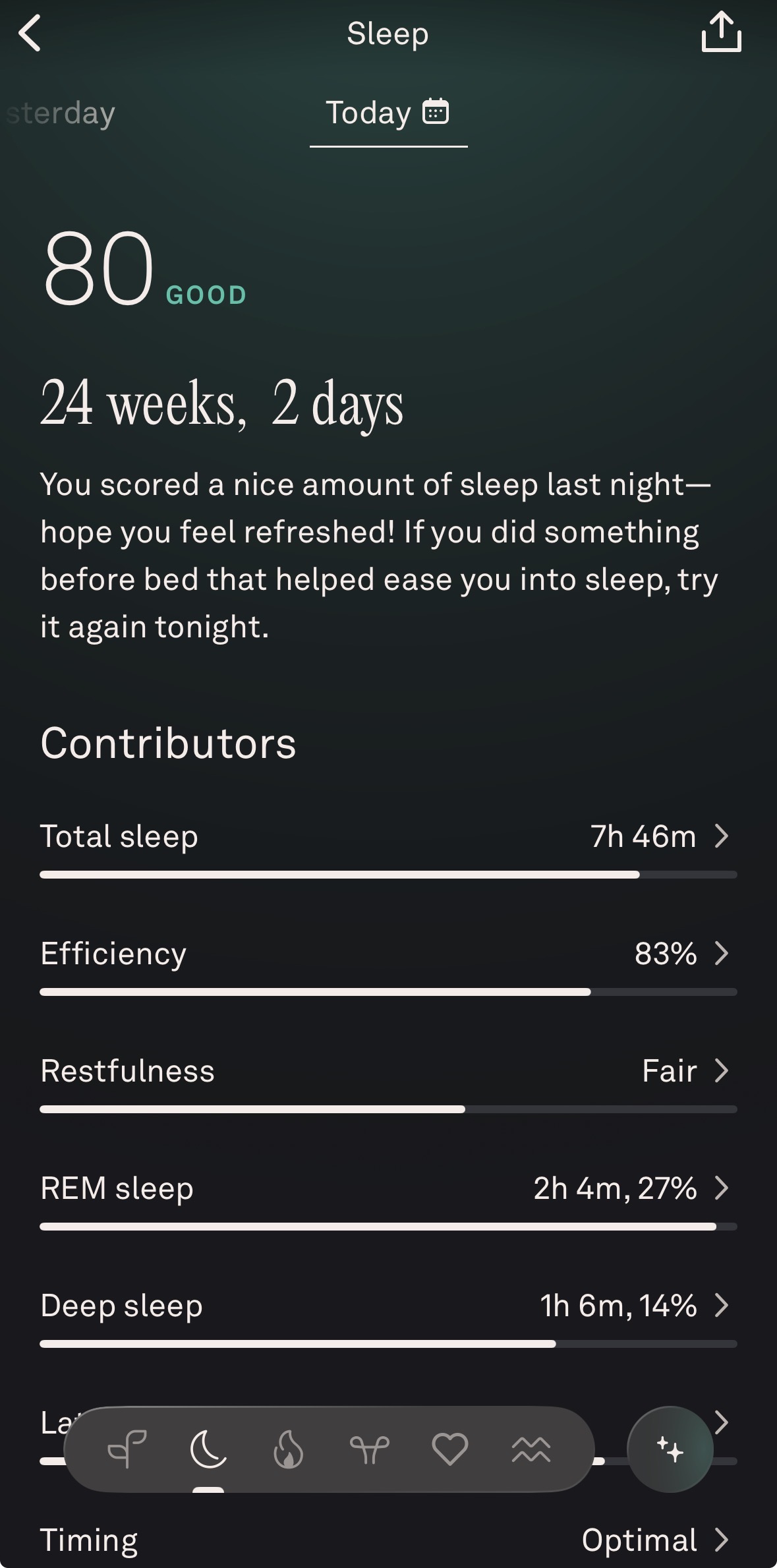 Sleep tracking app summary powered by your Oura Ring, showing 7h 46m total sleep, 83% efficiency, fair restfulness, 2h 4m REM sleep, and 1h 6m deep sleep—with a sleep score of 80.