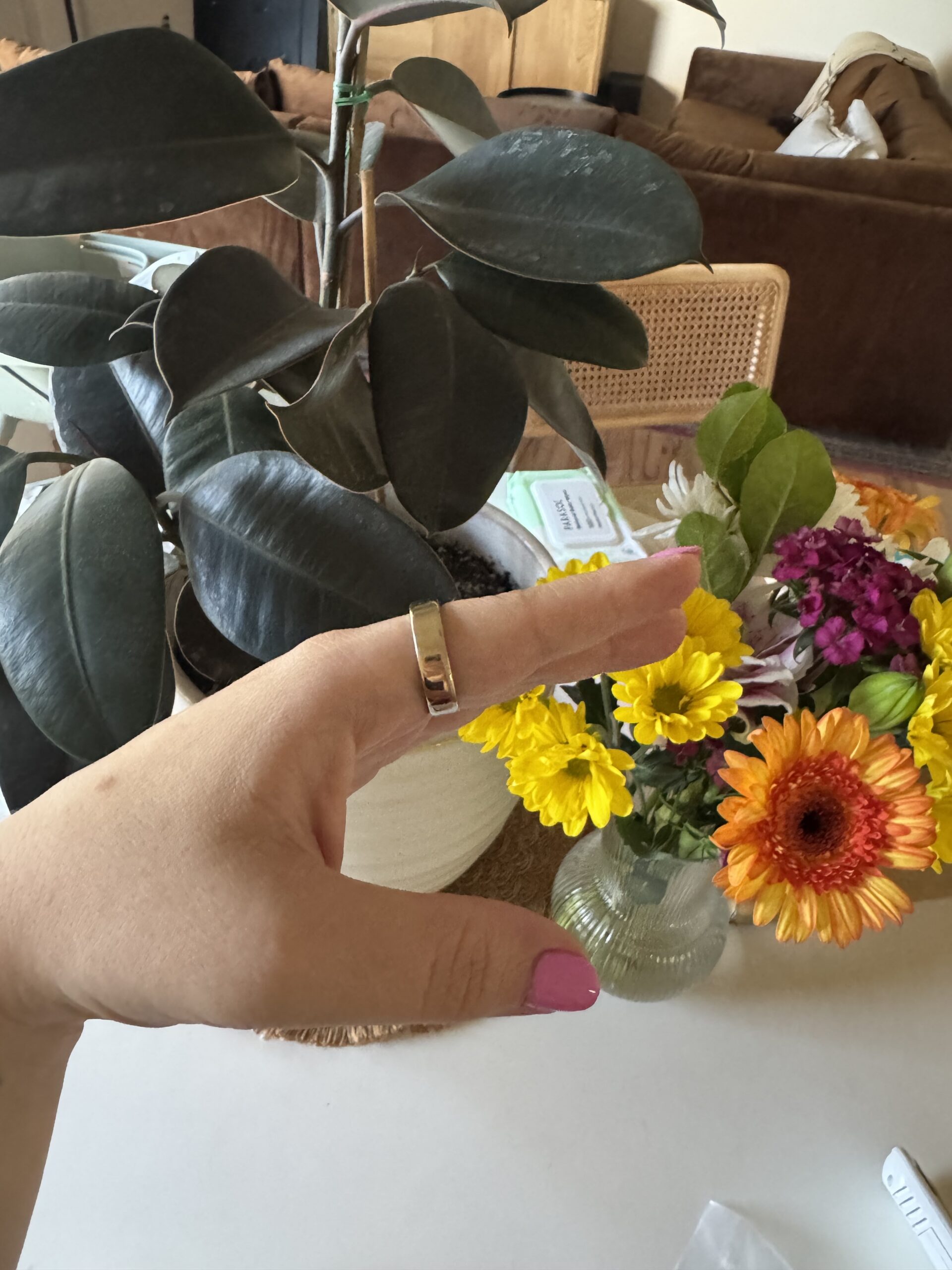 A hand with pink nail polish and an Oura ring is held near a potted rubber plant and a vase of assorted flowers on a white table in a living room.