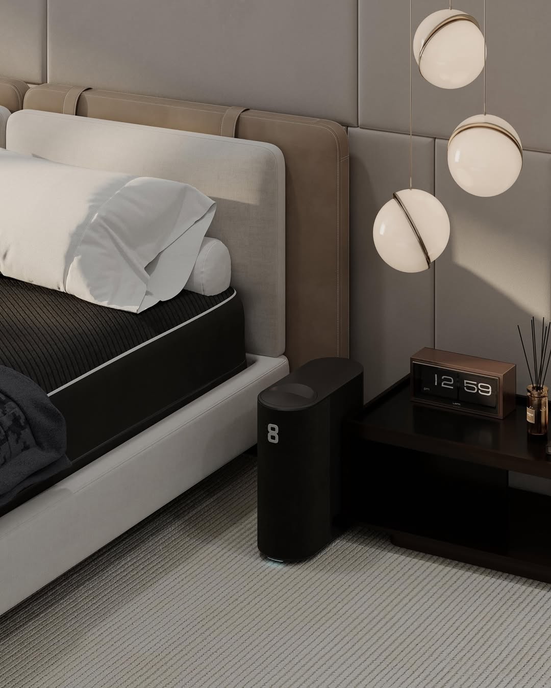 A modern bedroom with a neatly made bed, a floating nightstand holding a minimalist clock displaying 12:59, spherical pendant lights, and an Eight Sleep device labeled "8" on the floor.