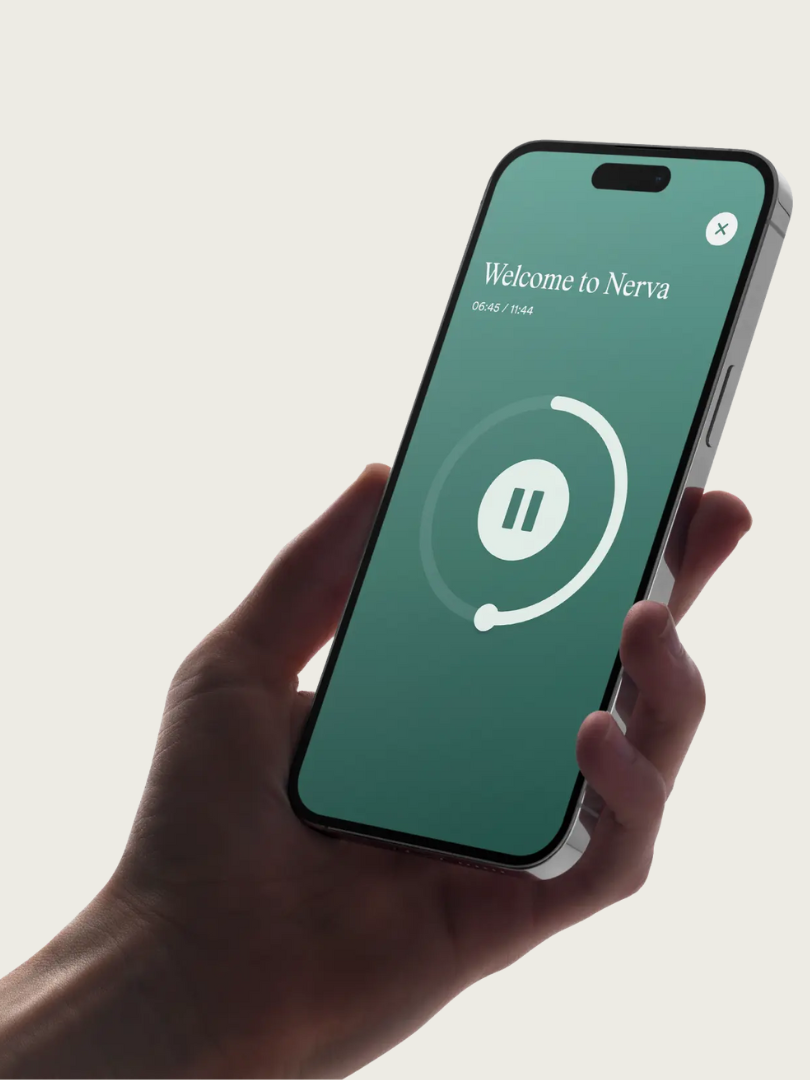A hand holds a smartphone displaying a screen with the text "Welcome to Nerva," a pause button, and a circular progress bar on a green background.