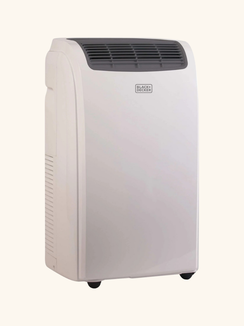 A white portable air conditioner with a vented top and small caster wheels on the bottom, set against a plain background—perfect for cooling down after intense workouts or massage gun sessions.
