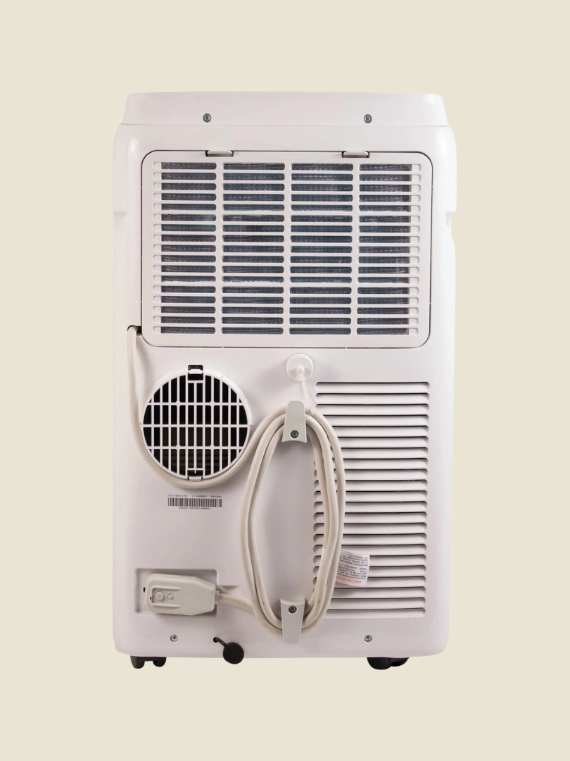 The image shows the back view of a white portable air conditioner with vent grilles, a coiled exhaust hose, and a power cord—ideal for cooling down after intense workouts with massage guns.