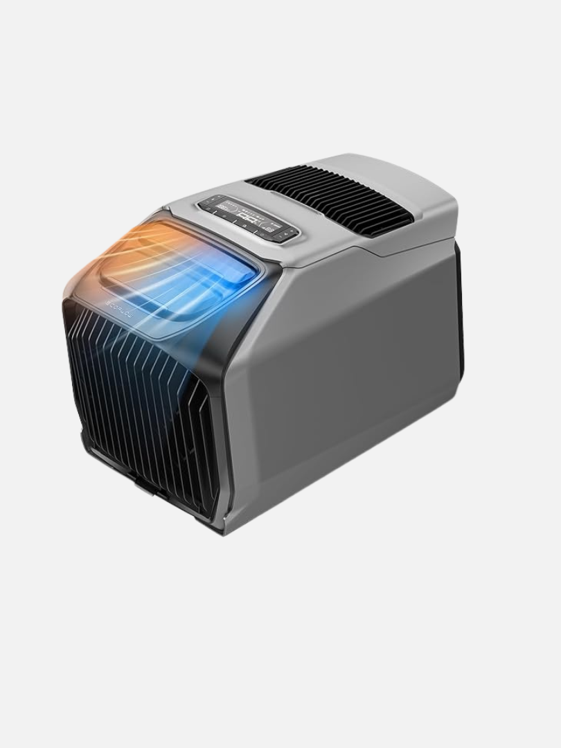 A compact, modern portable air conditioner with vents showing blue and orange airflow sits beside sleek massage guns, all against a plain white background.
