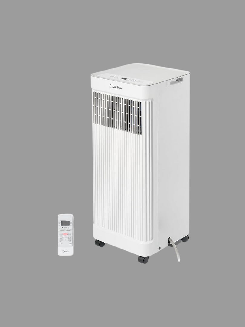 A white portable air conditioner with front vents, wheels at the base, and a remote control beside it—set against a plain gray background—perfect for cooling down after intense workouts with massage guns.