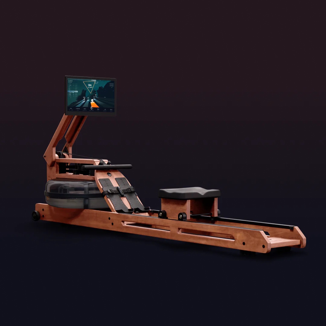 A modern rowing machine with a wooden frame and a large attached screen displaying workout data, set against a plain dark background—perfectly paired with massage guns for post-workout recovery.