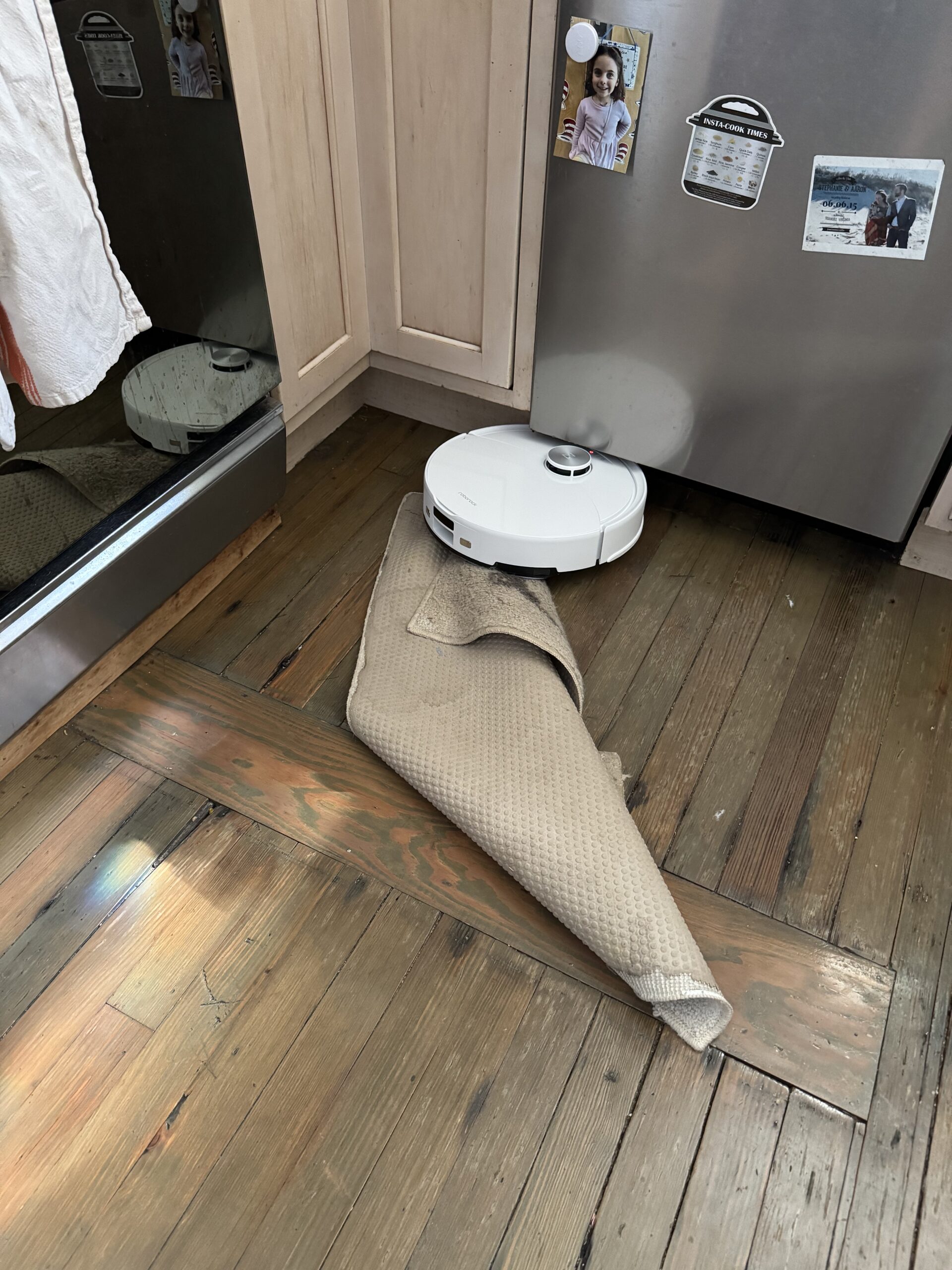 A robot vacuum stuck partially under a rolled-up beige rug on a wooden kitchen floor near a refrigerator with photos and magnets.