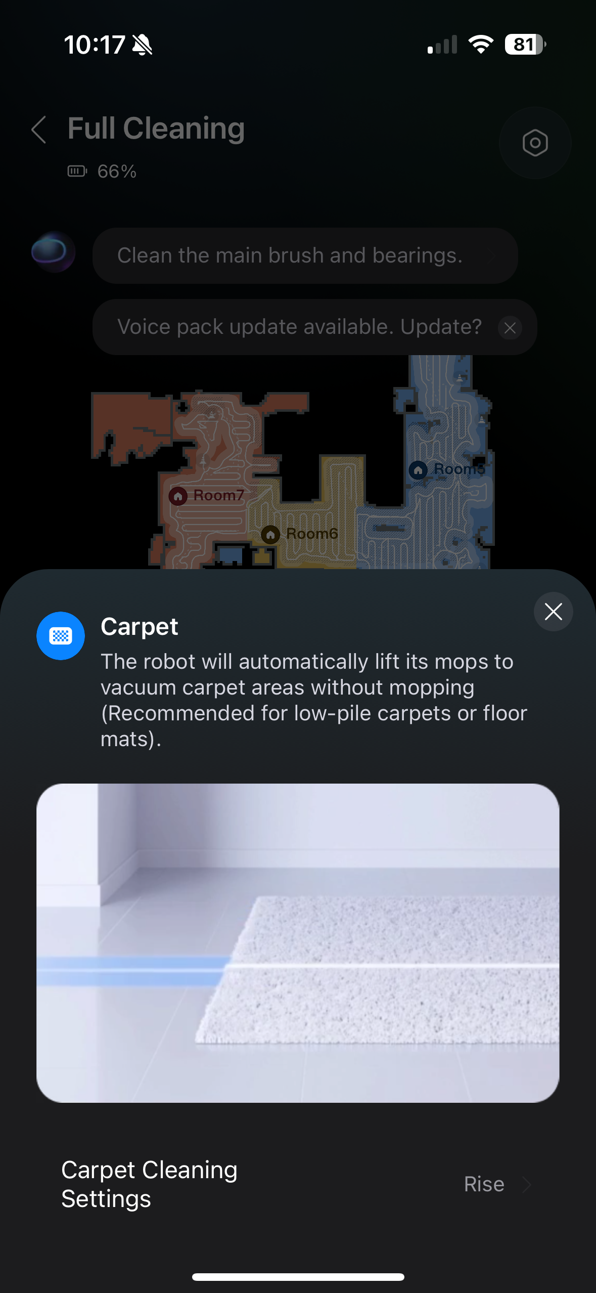 A smartphone screen shows a robot vacuum app with a "Carpet" mode notification, explaining the robot will lift its mops to vacuum carpeted areas, with a photo of a rug on a light floor.