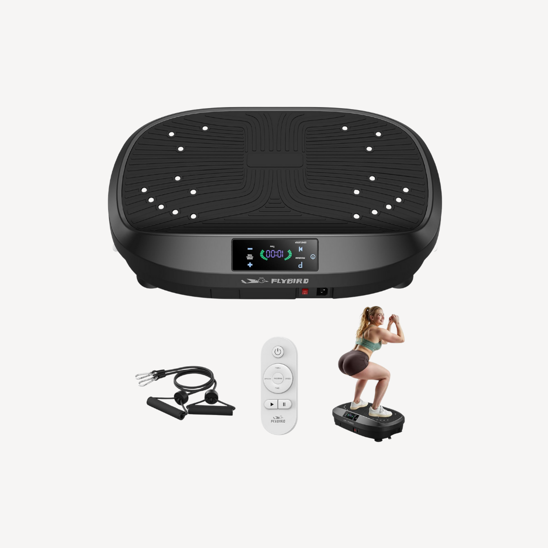Black vibration plate exercise machine with digital display, resistance bands, remote control, and an image of a woman demonstrating a squat—perfect for pairing with massage guns for a complete workout and recovery routine.