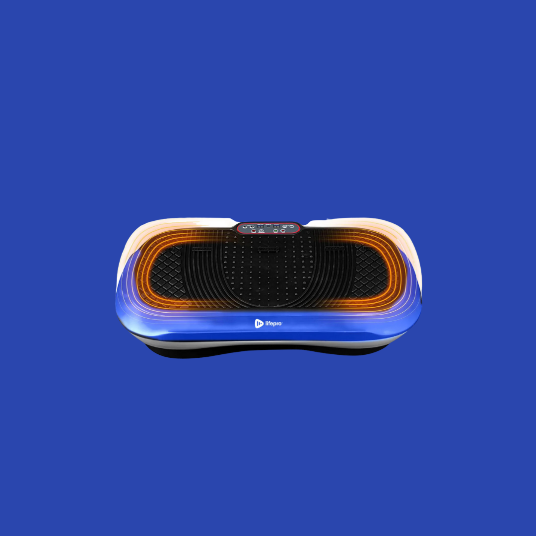 A blue and black foot massager with orange accents and a control panel on top, displayed against a solid blue background—an ideal complement to massage guns for ultimate relaxation.