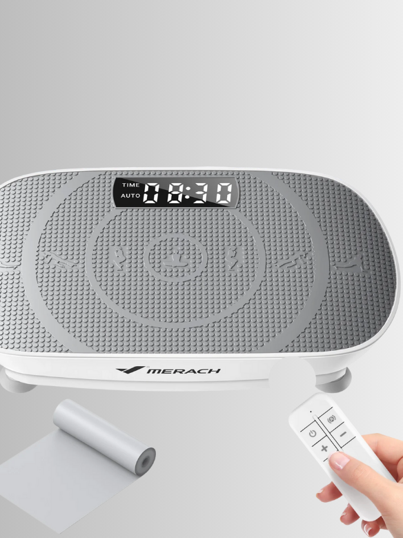 White vibration plate exercise machine with a digital display, textured surface, remote control, and an exercise mat—perfect for pairing with massage guns—set against a gradient background.