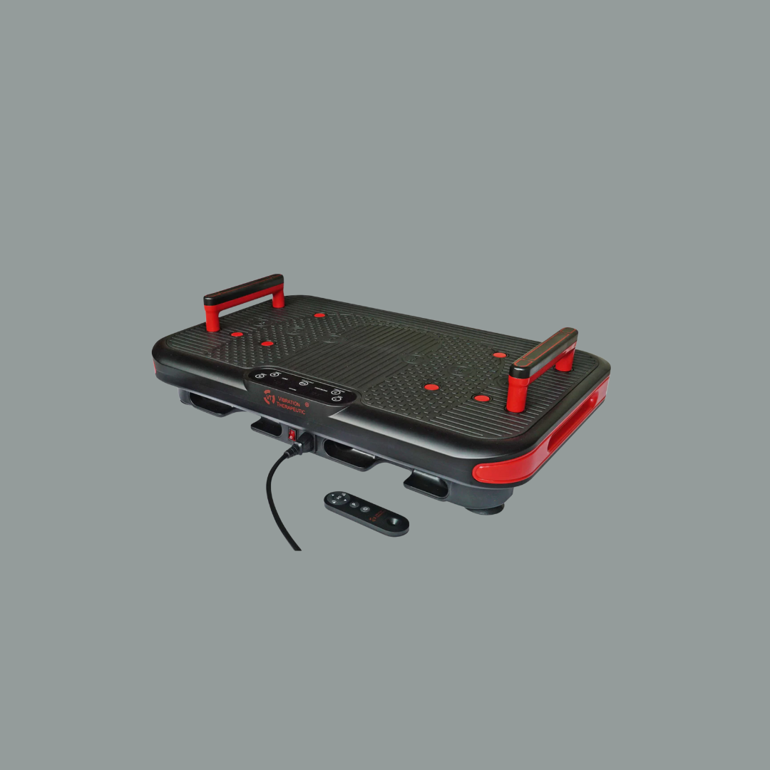 Black and red vibration plate exercise machine with two detachable handles, control panel, power cord, and remote control—an ideal companion to massage guns—set against a plain gray background.