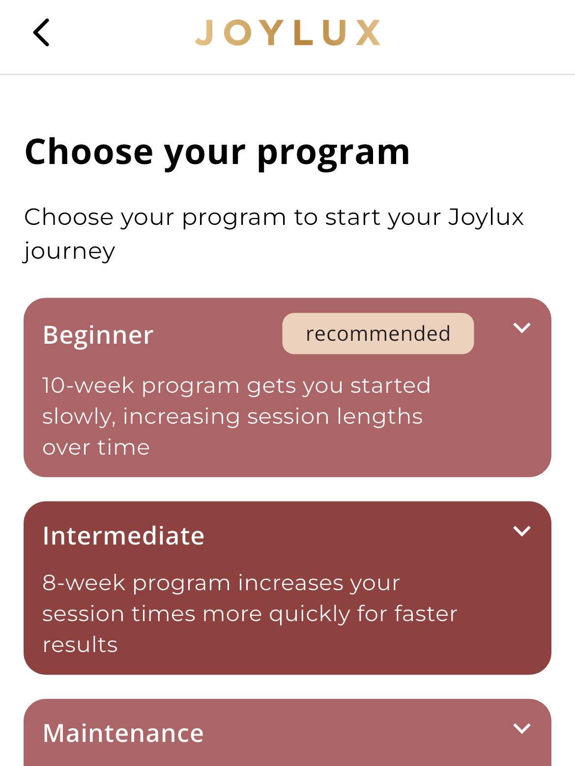 Screenshot of the Joylux app showing four program options: Beginner, Intermediate, Maintenance, and Manual, each with a brief description of session length and frequency.