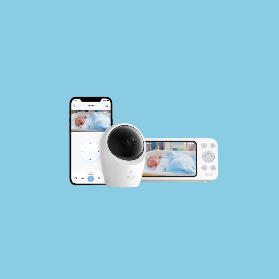 A baby monitor system with a camera, a smartphone displaying a live video of a sleeping baby, and a handheld monitor—shown against a light blue background alongside popular wellness gadgets like massage guns.