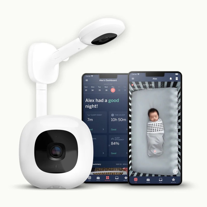 A baby monitor camera, a smartphone displaying baby sleep data, and another phone showing a baby sleeping in a crib—perfect for parents needing peace of mind after using massage guns to relax.