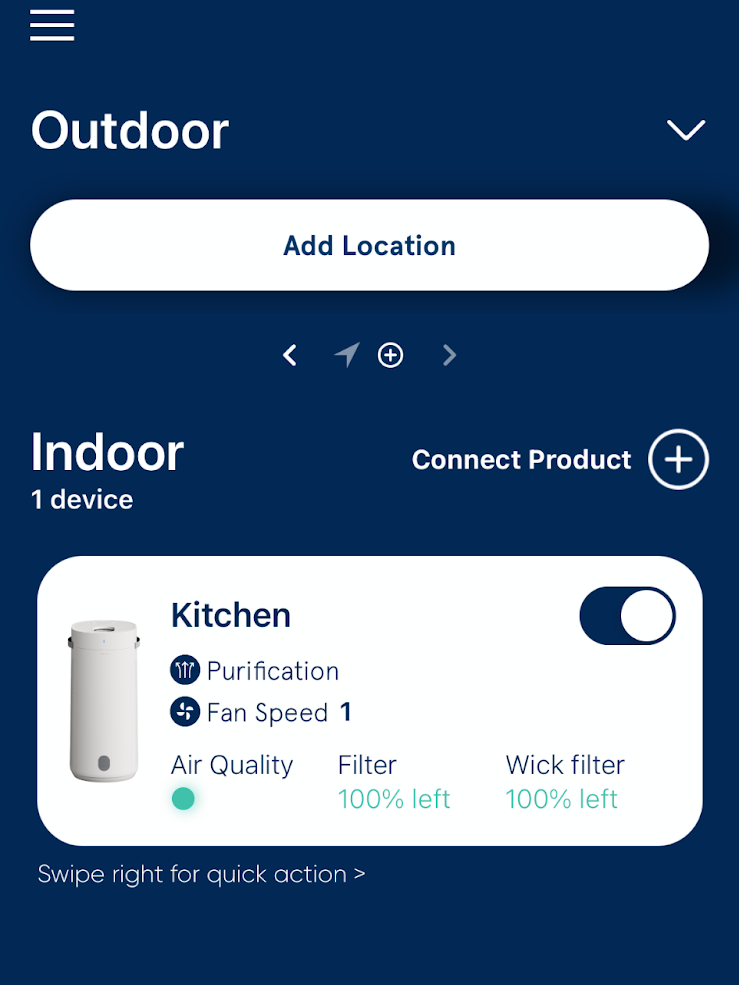 Mobile app screen showing an indoor air purifier in the kitchen with purification on, fan speed 1, air quality good, and all filters at 100% left.