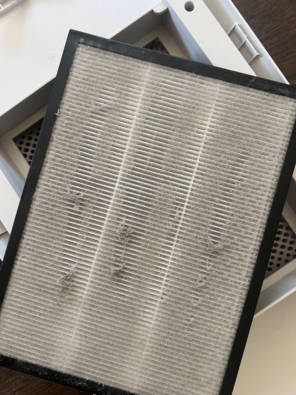 A close-up of a used air purifier filter, showing accumulated dust and dirt particles on the surface.