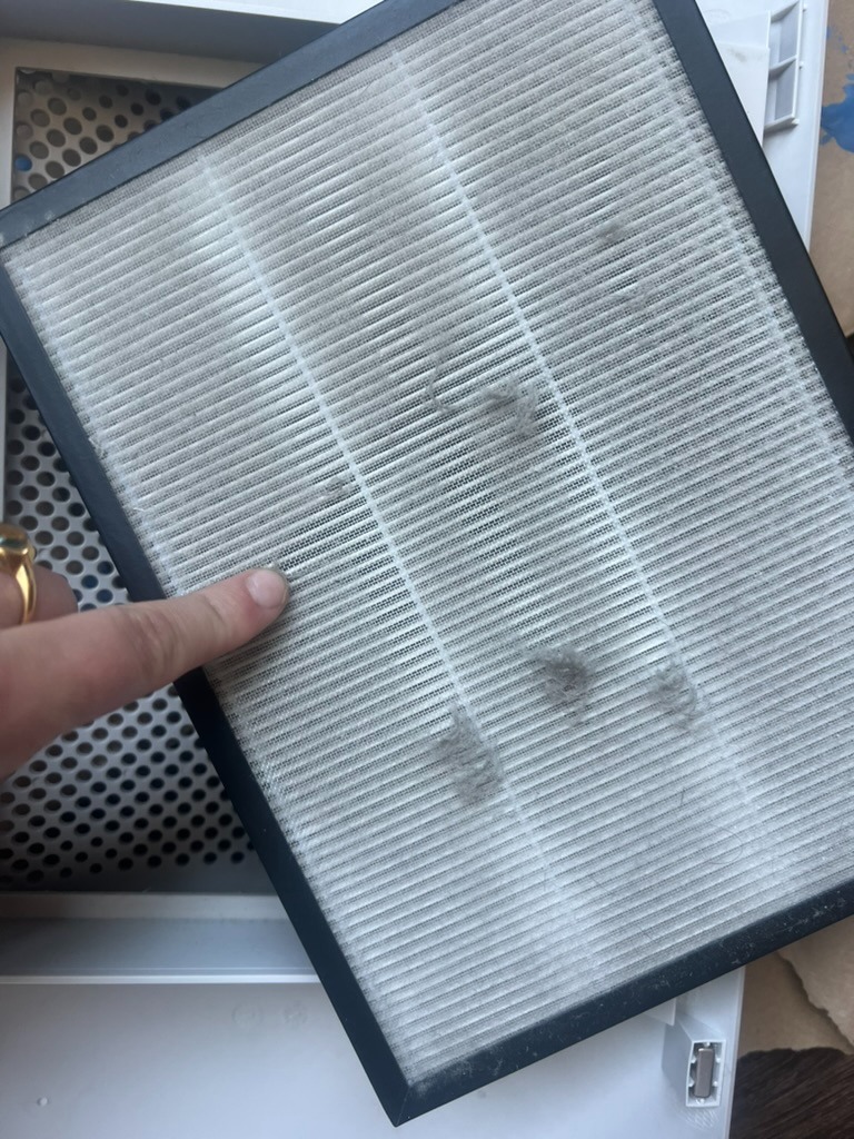 A hand holding a white rectangular air filter with visible dust spots, in front of an open air purifier.