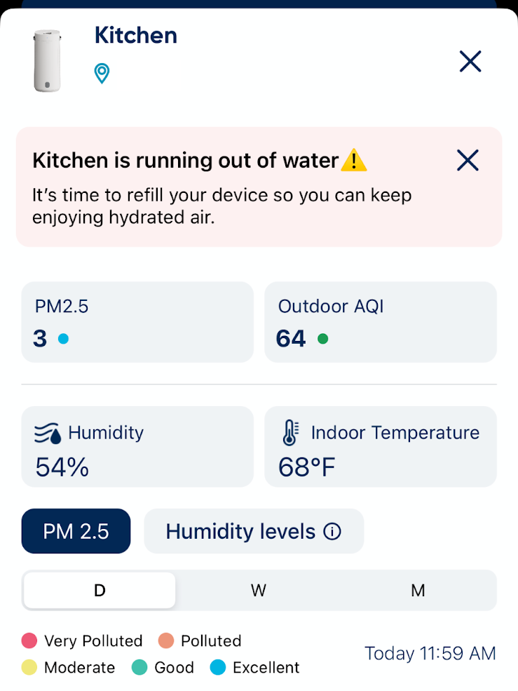 A smart home device screen shows a warning that the kitchen device is running out of water, along with air quality, humidity, and temperature readings. Device status is ON.