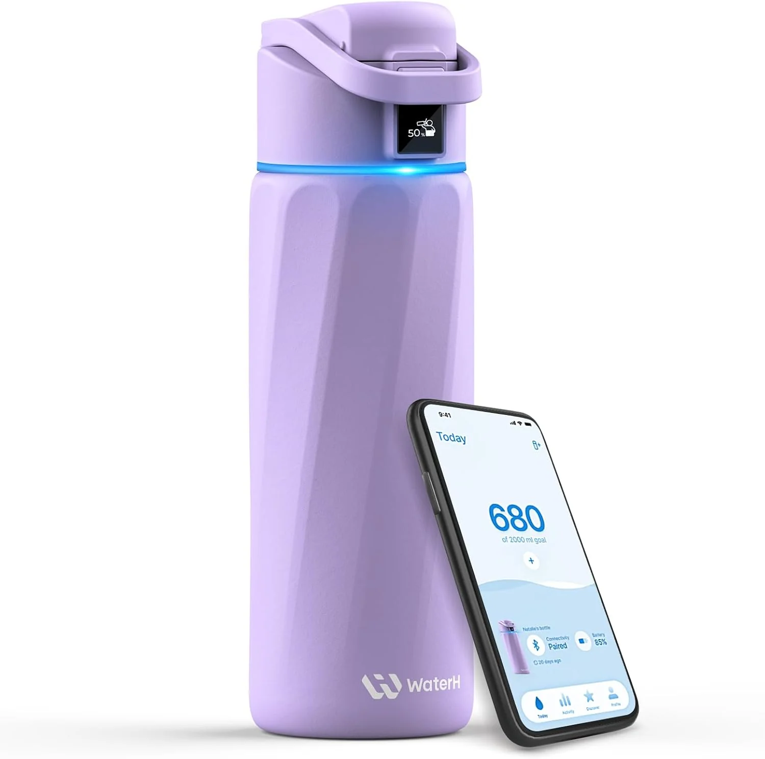 A lavender smart waterbottle with an LED ring and a smartphone displaying hydration tracking data, both labeled “WaterH.”.
