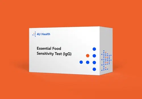 A white box labeled "Essential Food Sensitivity Test (IgG)" by 4U Health is displayed against an orange background, alongside massage guns for a holistic approach to health and wellness.
