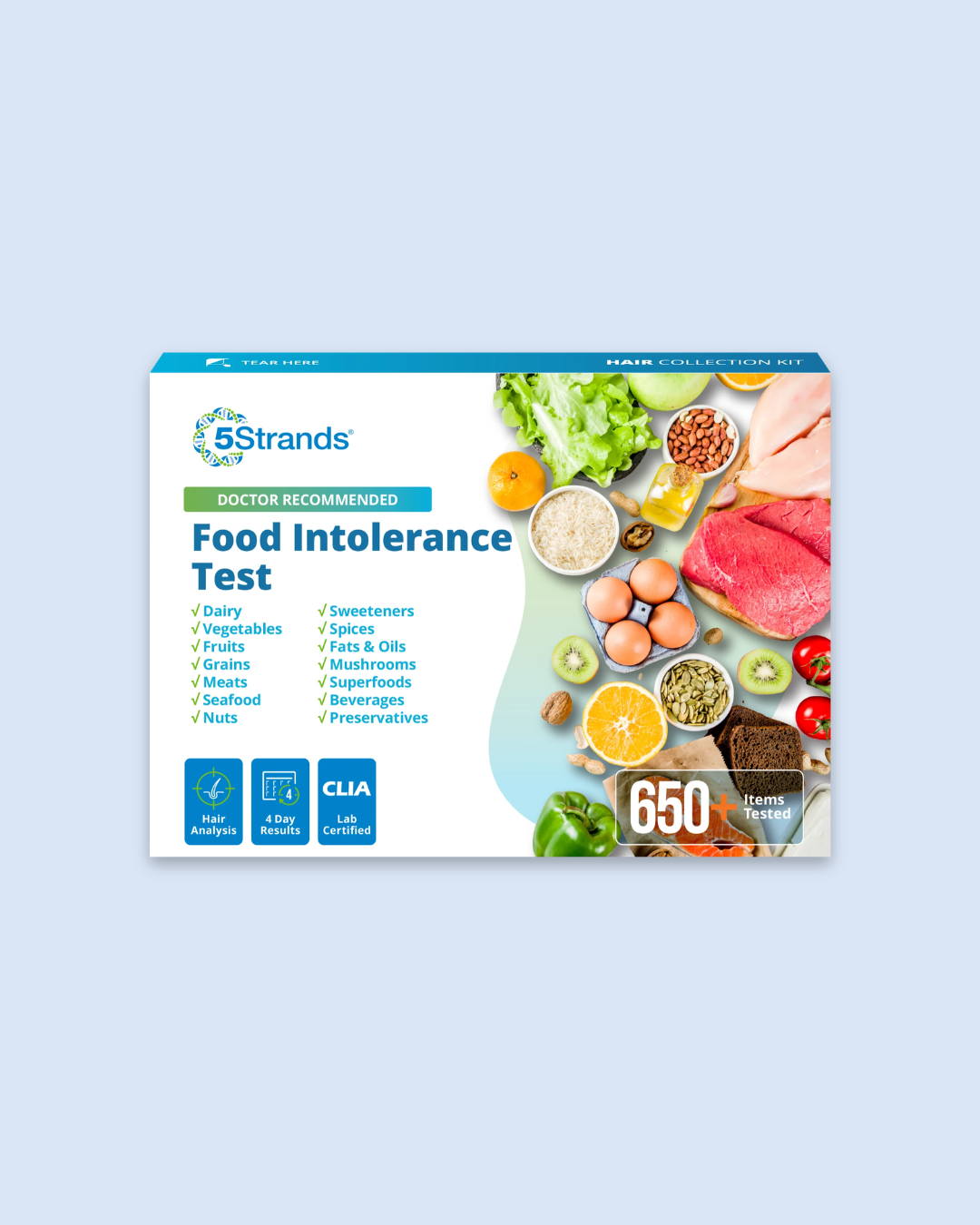A box of 5Strands Food Intolerance Test, displayed alongside various foods and listing tested items such as dairy, vegetables, fruits, meat, seafood, nuts, sweeteners, spices, preservatives—and even massage guns for a holistic approach.