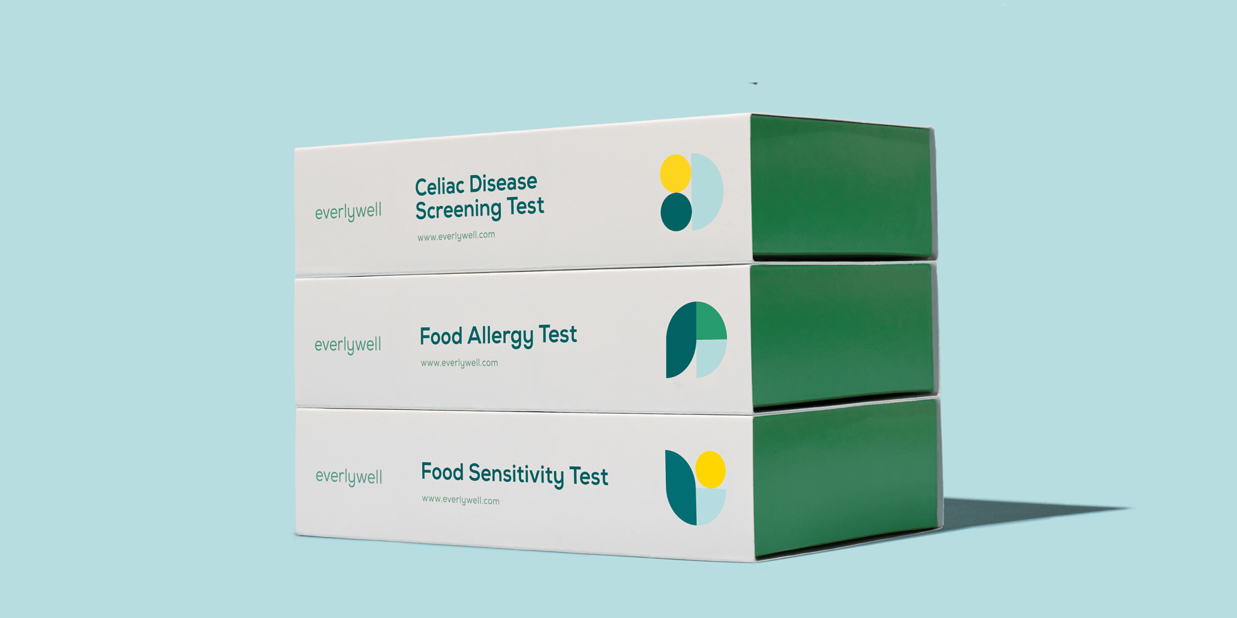 Three stacked Everlywell test kits labeled Celiac Disease Screening Test, Food Allergy Test, and Food Sensitivity Test sit against a light blue background—perfect companions for health-conscious routines along with tools like massage guns.