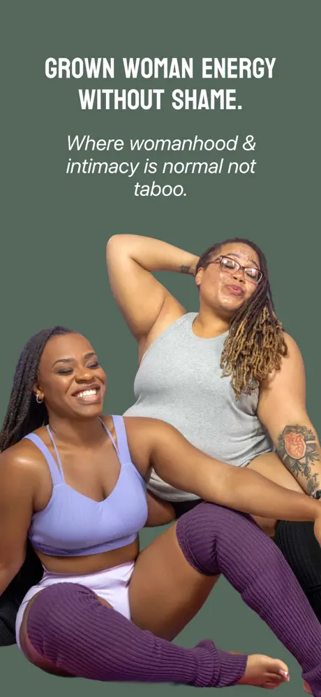 Two women pose confidently against a green background with massage guns nearby; one is sitting and smiling, the other stands with a hand behind her head. Text promotes shame-free womanhood and intimacy.