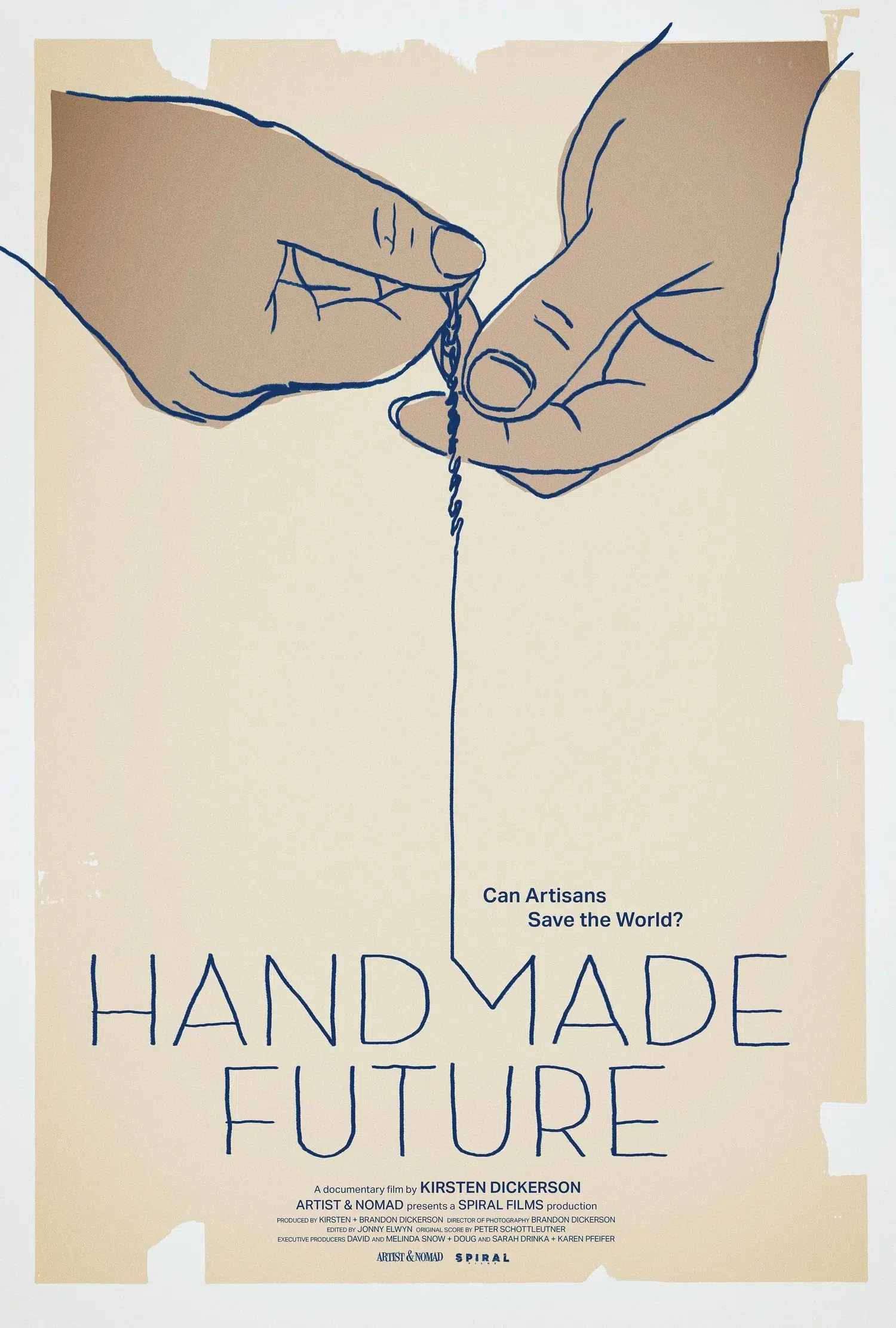 Poster featuring a line drawing of two hands threading a needle, with the text “HANDMADE FUTURE” and the question “Can Artisans Save the World?”.