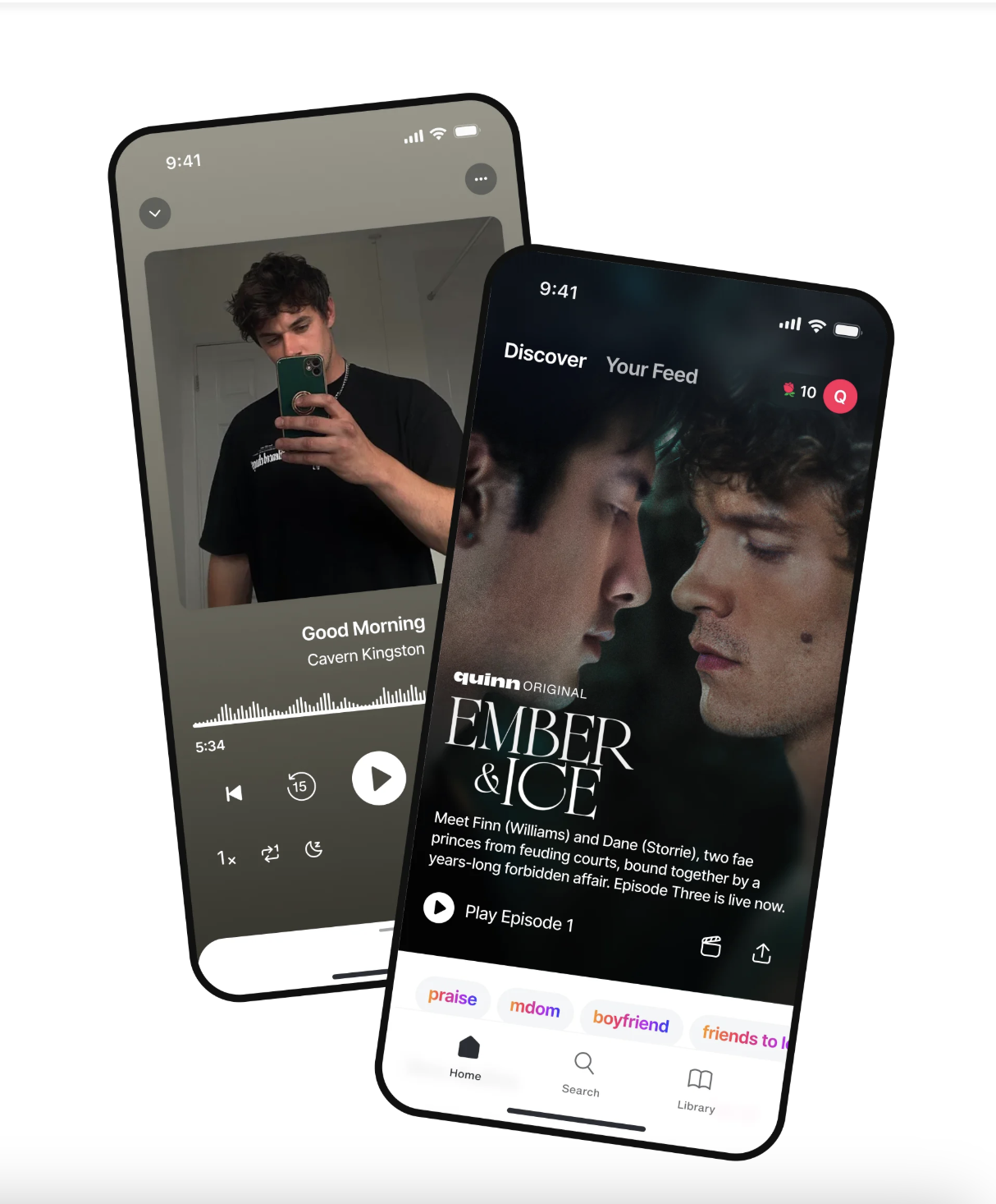 Two smartphones display different app screens: one shows a music player with a selfie, while the other features the series "Ember & Ice" and highlights massage guns in a media app with two men facing each other.