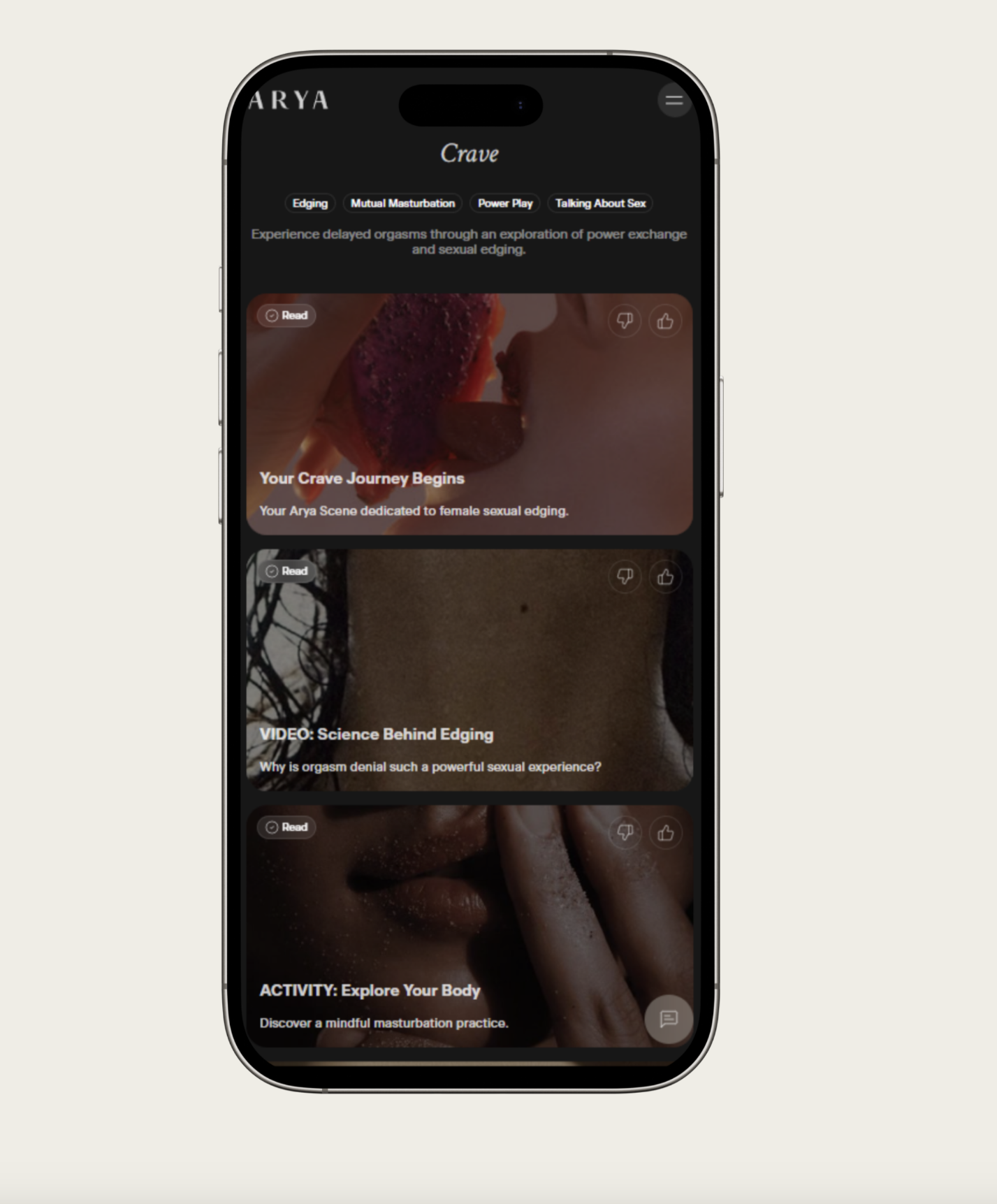 A smartphone displays the ARYA website's "Crave" section, featuring articles and images about edging, mutual masturbation, massage guns, and sexual exploration.