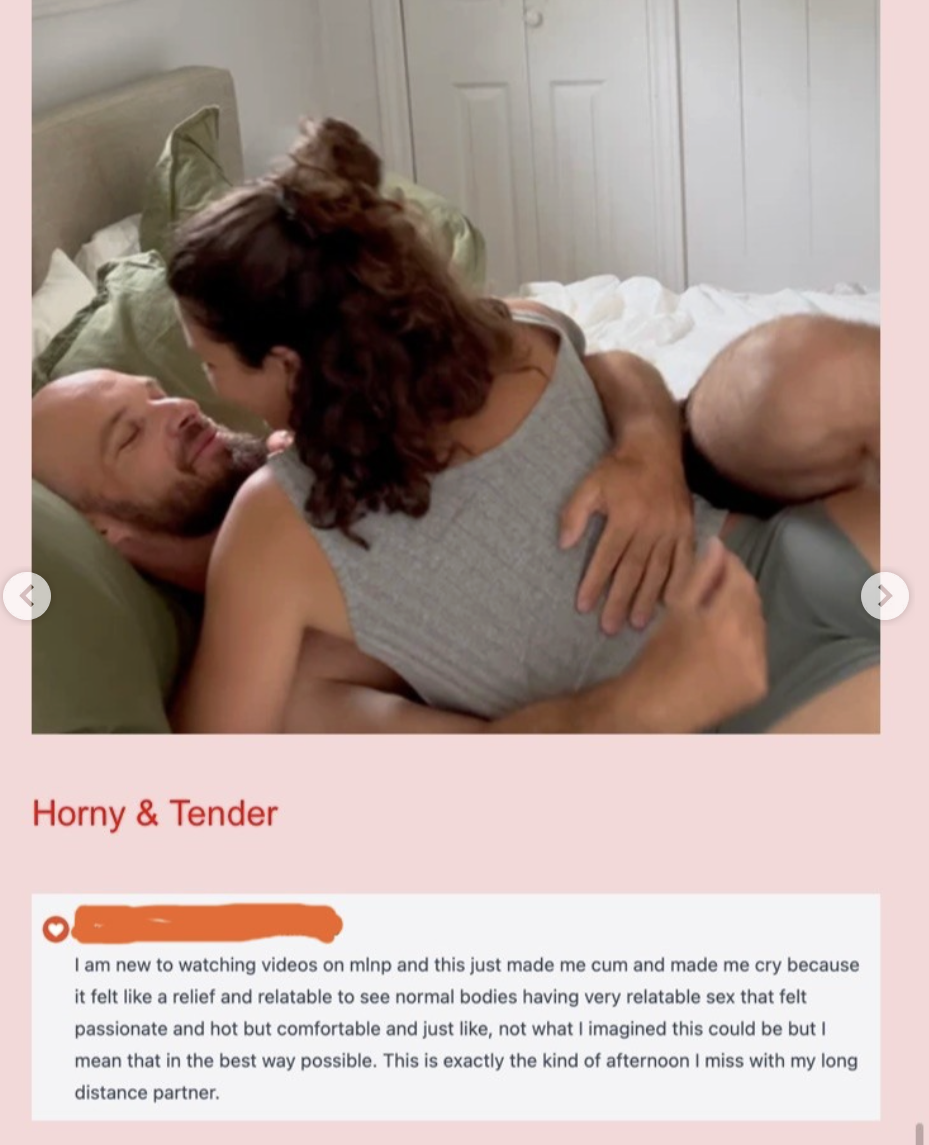 A couple lies on a bed facing each other, smiling and appearing intimate. Below, a comment describes how passionate, relatable sex videos can have an emotional impact—just like the soothing relief offered by massage guns.