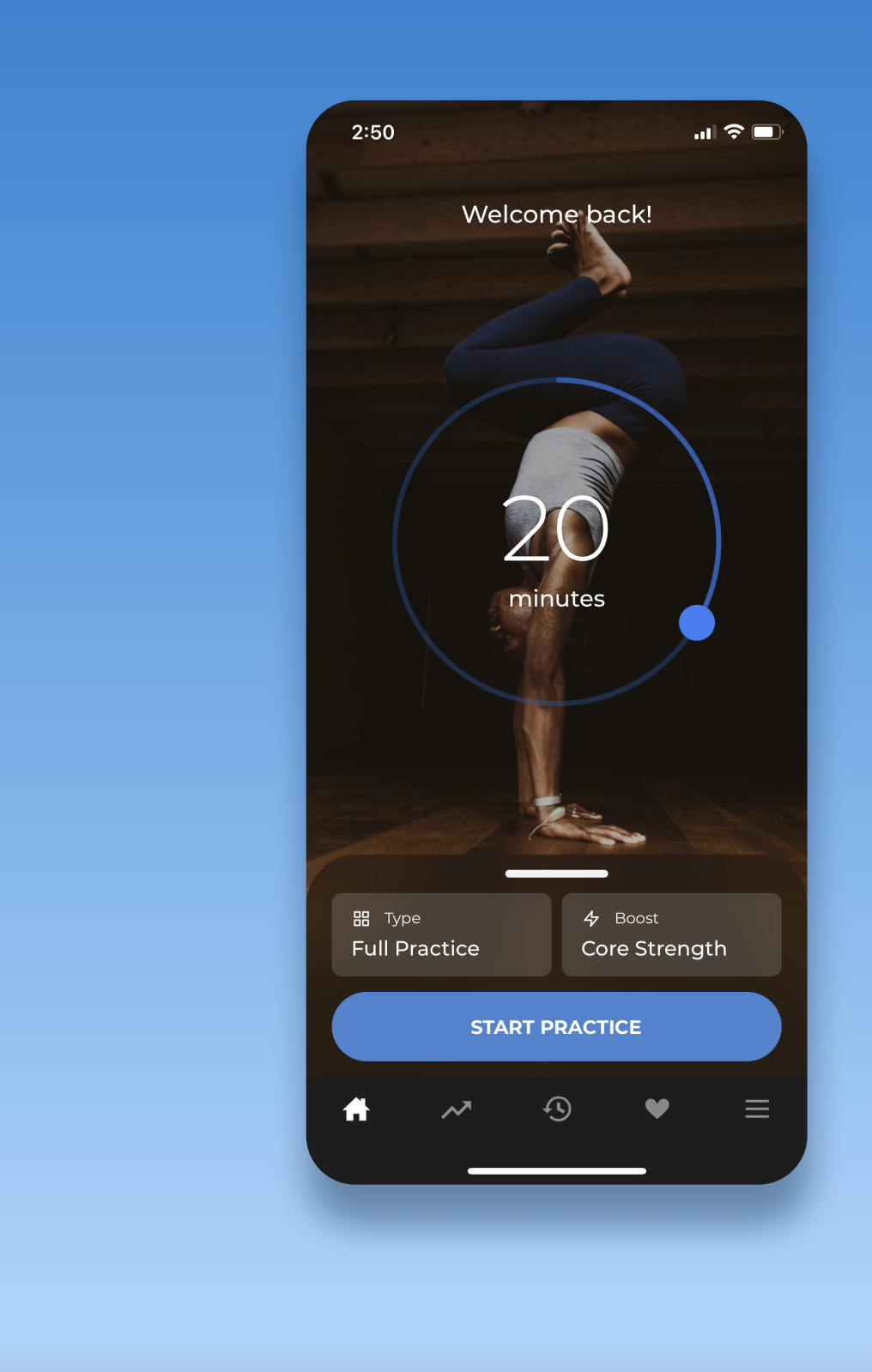 A smartphone screen displays a yoga app interface with a timer set to 20 minutes and options for full practice and core strength boost, featuring a person doing a handstand.