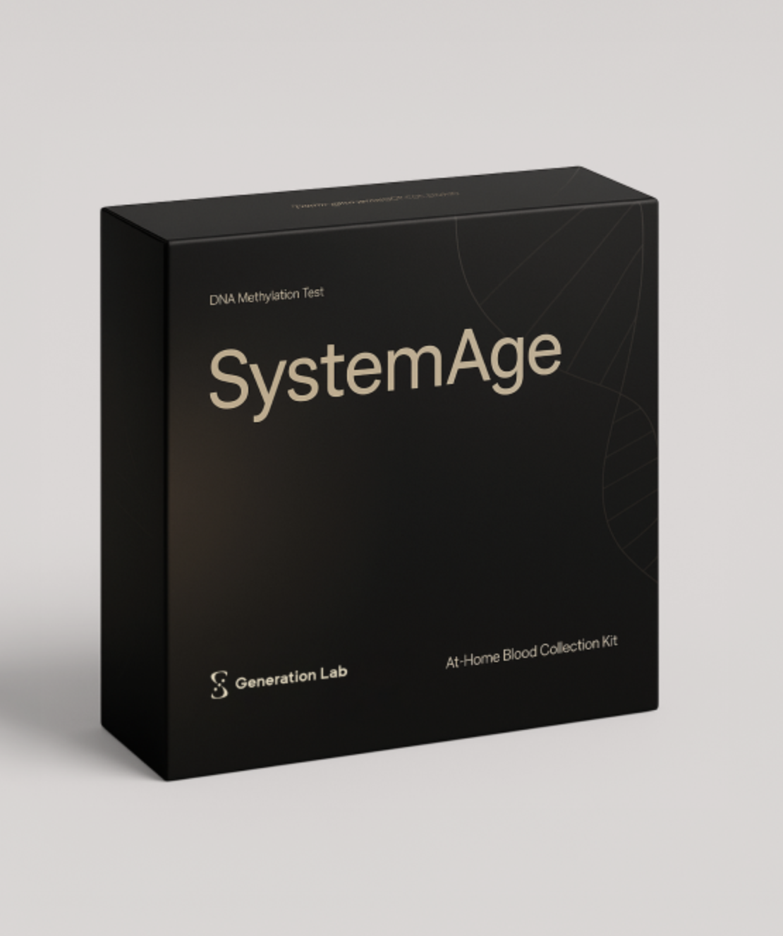 A black box labeled "SystemAge" with the text "DNA Methylation Test" and "At-Home Blood Collection Kit" by Generation Lab—perfect for wellness enthusiasts interested in innovations like massage guns.