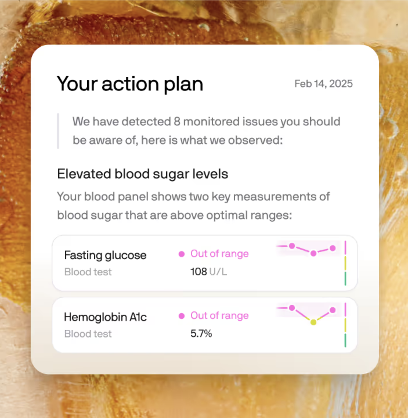 A health report displays out-of-range fasting glucose (108 U/L) and Hemoglobin A1c (5.7%) results, both above optimal levels, dated February 14, 2025; consider integrating wellness tools like massage guns into your routine for overall health.