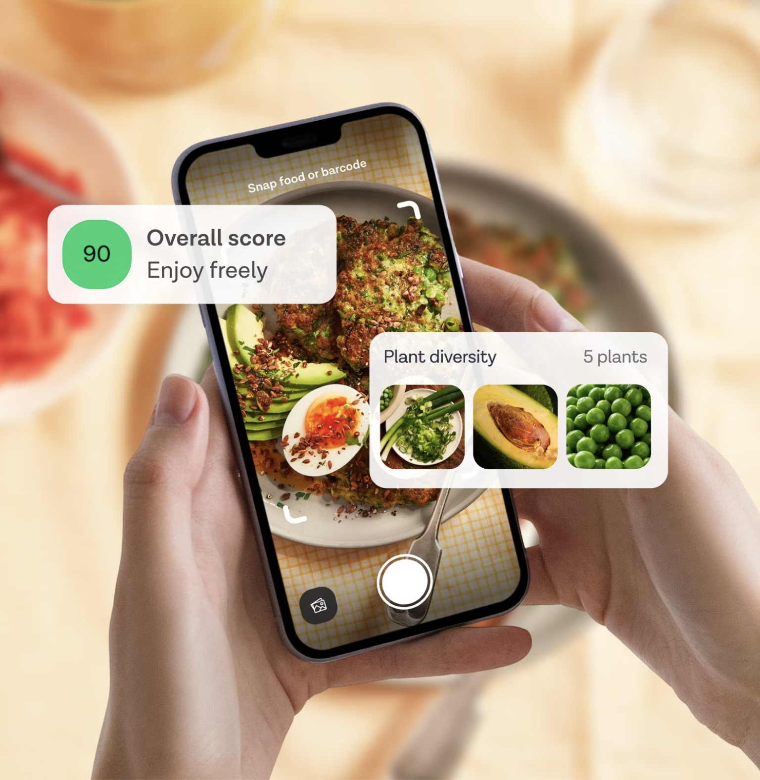 A person uses a smartphone app to scan a plate of food; alongside identifying plant diversity and scoring the meal, the app also suggests wellness tips, such as incorporating massage guns into a healthy lifestyle.